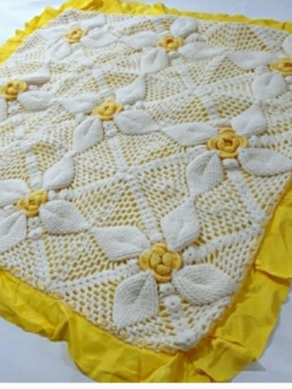 Handmade Crochet Floral Baby Blanket in White and Yellow